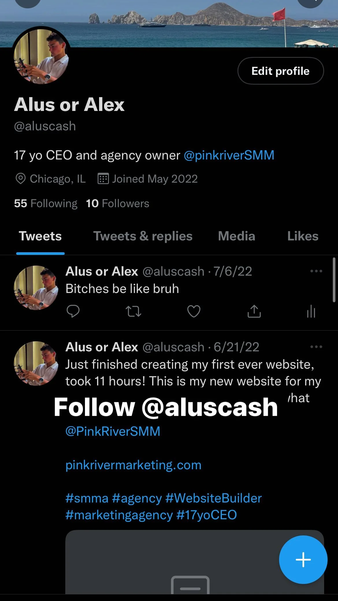 An archived screenshot of an early Pink River profile and first website announcement